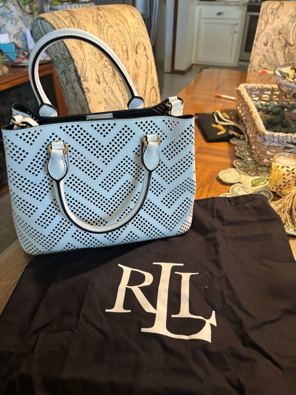 NWT-Ralph Lauren White Perforated Leather Satchel with Gold Hardware